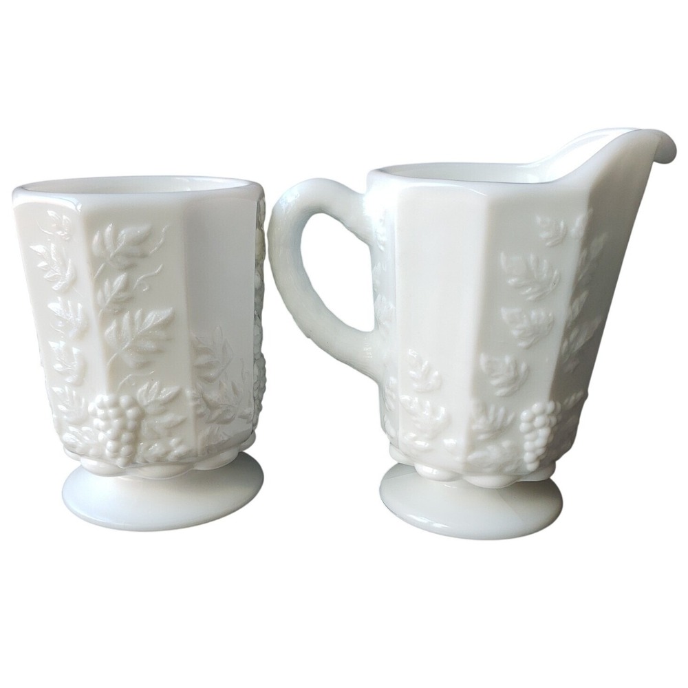 Westmoreland Milk Glass Paneled Grape Creamer and Sugar Bowl Set‎ White Vintage